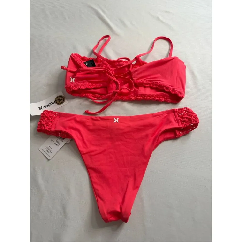 NWT Hurley 2 Piece Macrame Coral Bandeau Bikini Size Large New